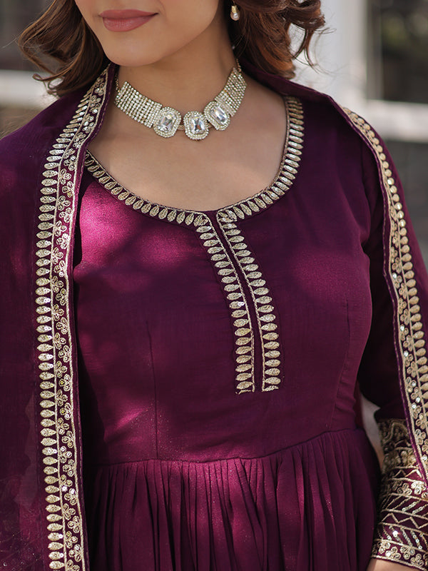 Wine Vichitra Sequins Embroidered Gown With Dupatta