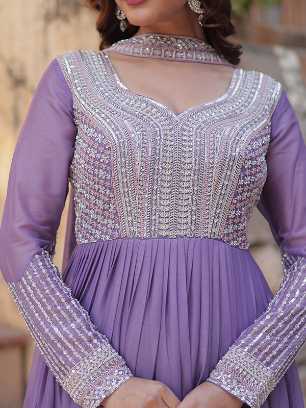 Lovender Georgette Beads Sequins Embroidered Gown With Dupatta