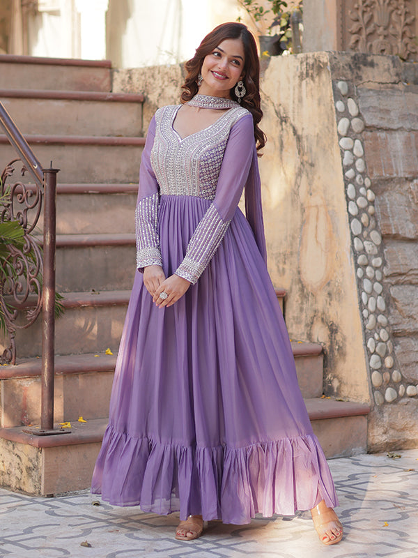 Lovender Georgette Beads Sequins Embroidered Gown With Dupatta