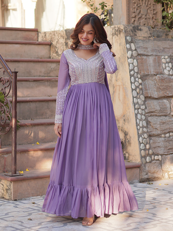 Lovender Georgette Beads Sequins Embroidered Gown With Dupatta