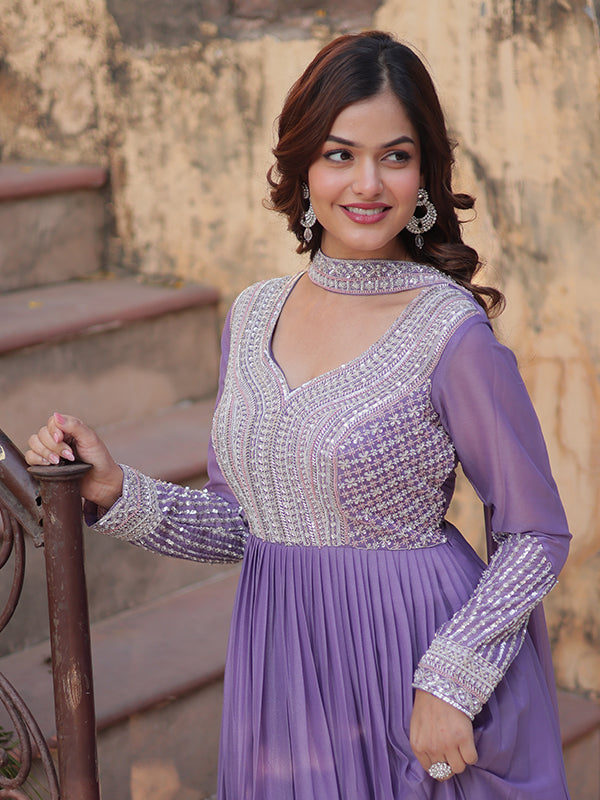 Lovender Georgette Beads Sequins Embroidered Gown With Dupatta