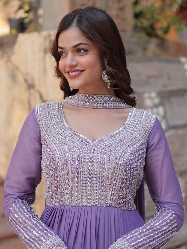 Lovender Georgette Beads Sequins Embroidered Gown With Dupatta