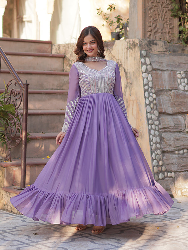 Lovender Georgette Beads Sequins Embroidered Gown With Dupatta