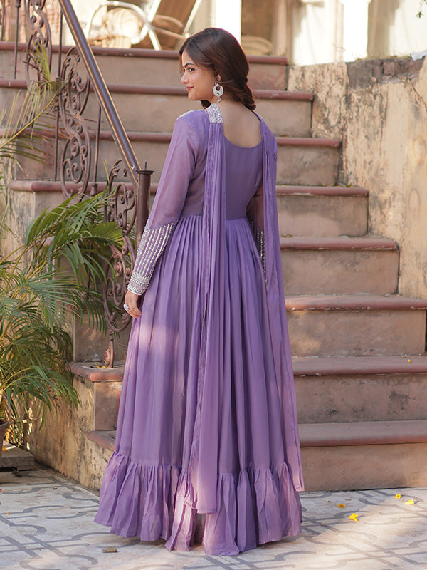 Lovender Georgette Beads Sequins Embroidered Gown With Dupatta