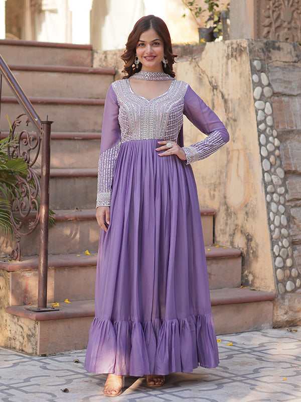 Lovender Georgette Beads Sequins Embroidered Gown With Dupatta