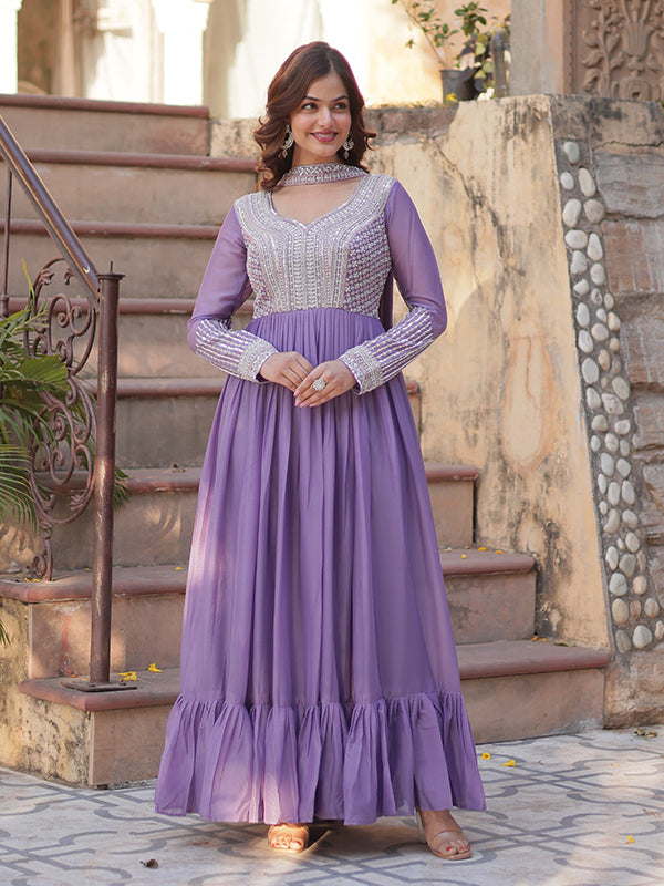 Lovender Georgette Beads Sequins Embroidered Gown With Dupatta