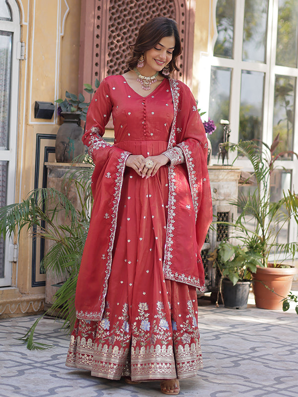 Orange Viscose Cosmos Embroidered Work Gown With Dupatta