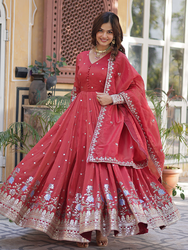 Orange Viscose Cosmos Embroidered Work Gown With Dupatta