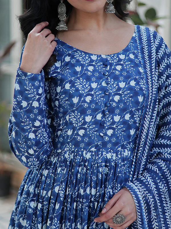 Blue Floral Printed Cotton Gown With Pant & Dupatta Set