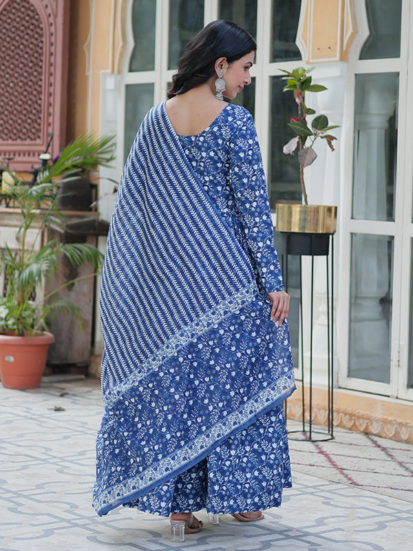 Blue Floral Printed Cotton Gown With Pant & Dupatta Set
