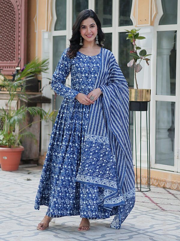 Blue Floral Printed Cotton Gown With Pant & Dupatta Set
