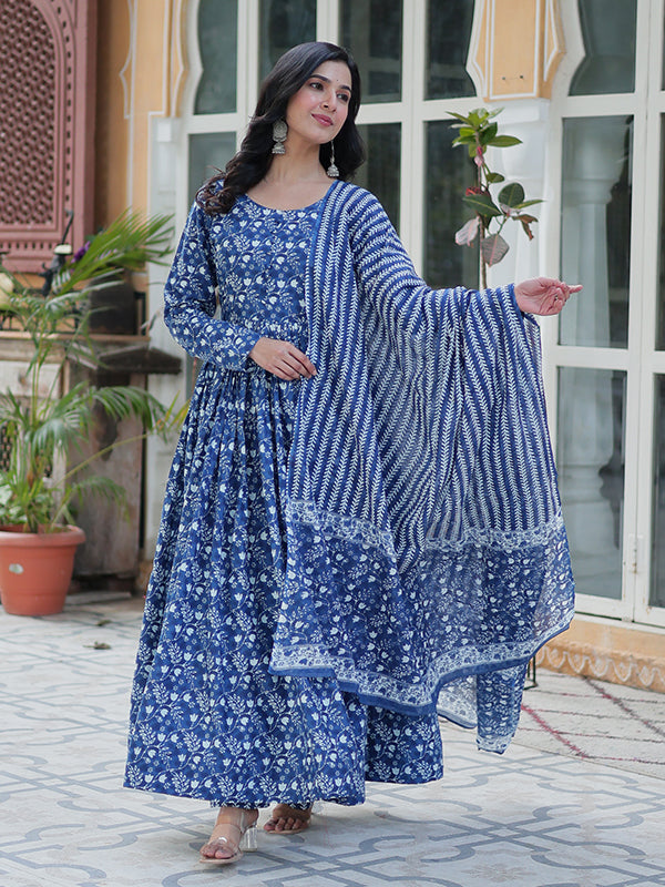 Blue Floral Printed Cotton Gown With Pant & Dupatta Set