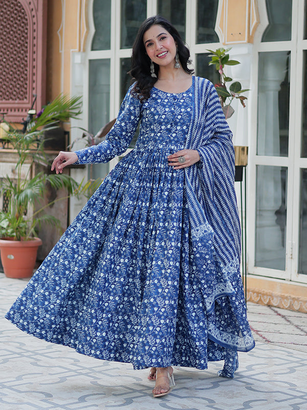 Blue Floral Printed Cotton Gown With Pant & Dupatta Set