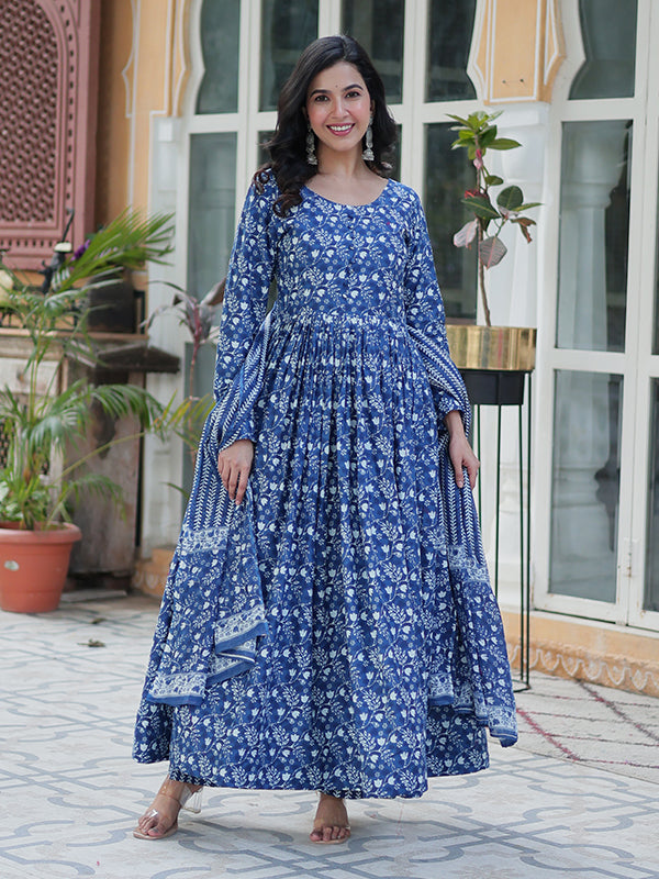 Blue Floral Printed Cotton Gown With Pant & Dupatta Set