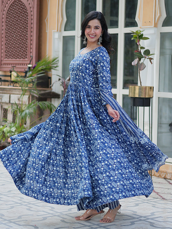 Blue Floral Printed Cotton Gown With Pant & Dupatta Set