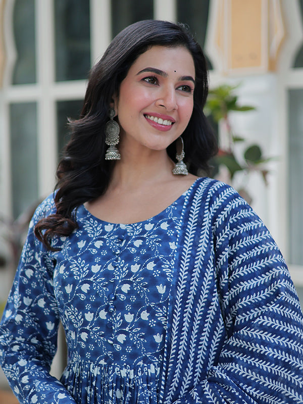 Blue Floral Printed Cotton Gown With Pant & Dupatta Set