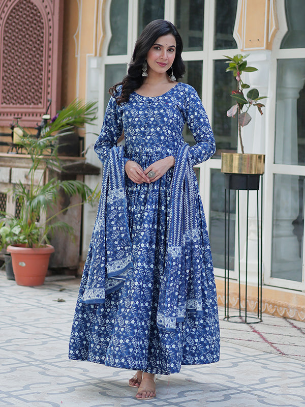 Blue Floral Printed Cotton Gown With Pant & Dupatta Set