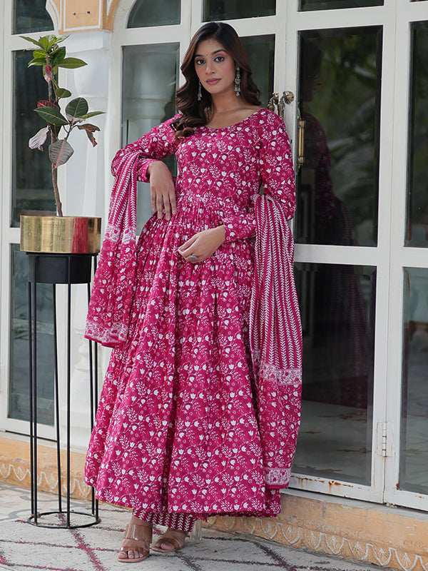 Pink Floral Printed Cotton Gown With Pant & Dupatta Set