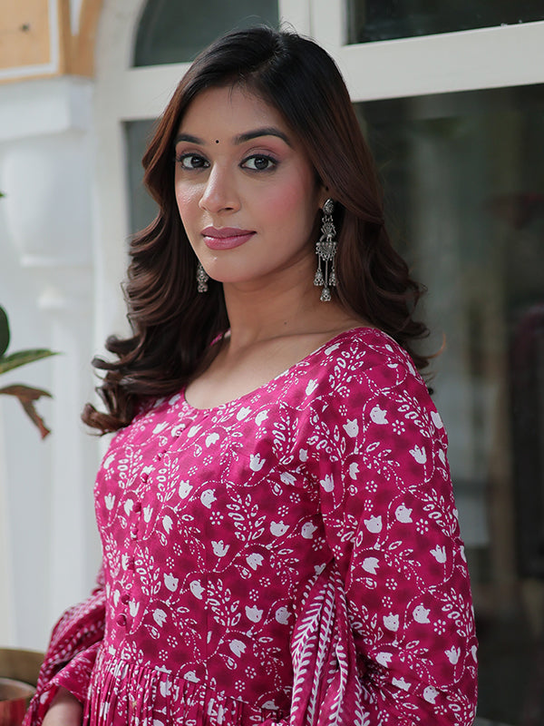Pink Floral Printed Cotton Gown With Pant & Dupatta Set