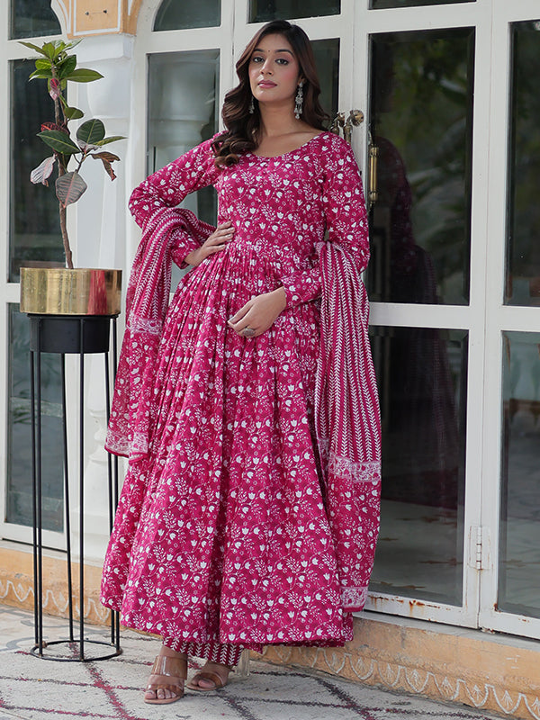 Pink Floral Printed Cotton Gown With Pant & Dupatta Set