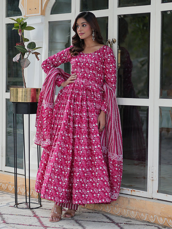 Pink Floral Printed Cotton Gown With Pant & Dupatta Set
