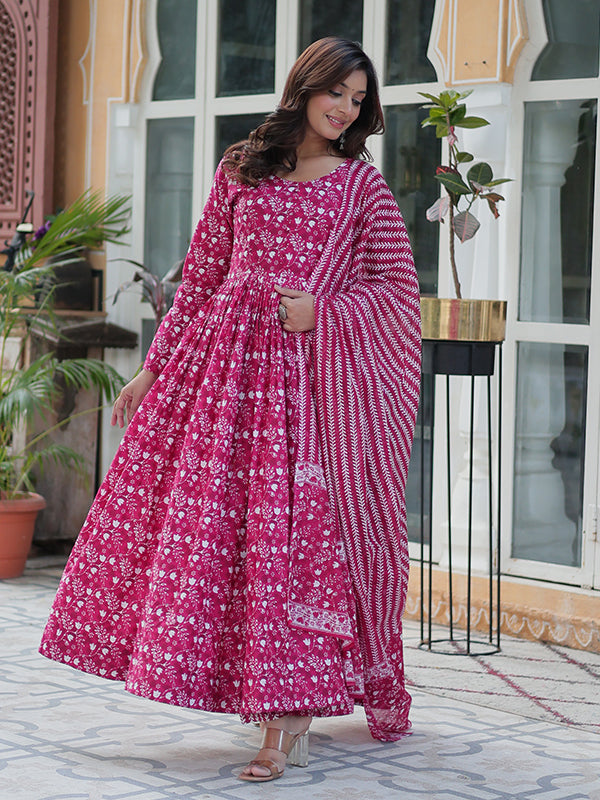 Pink Floral Printed Cotton Gown With Pant & Dupatta Set