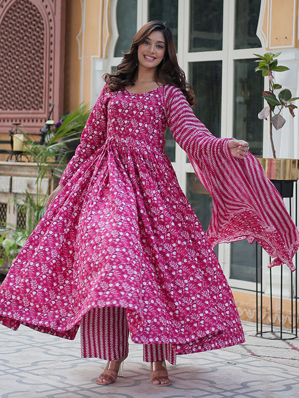 Pink Floral Printed Cotton Gown With Pant & Dupatta Set