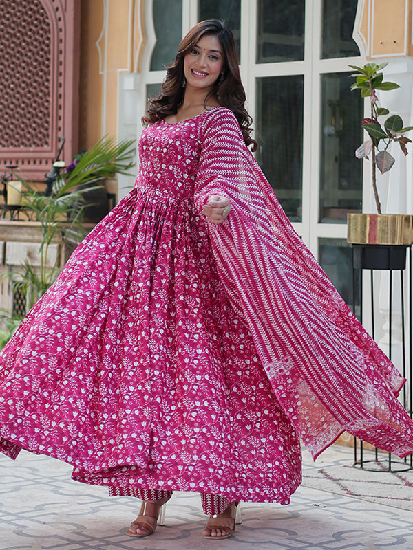 Pink Floral Printed Cotton Gown With Pant & Dupatta Set