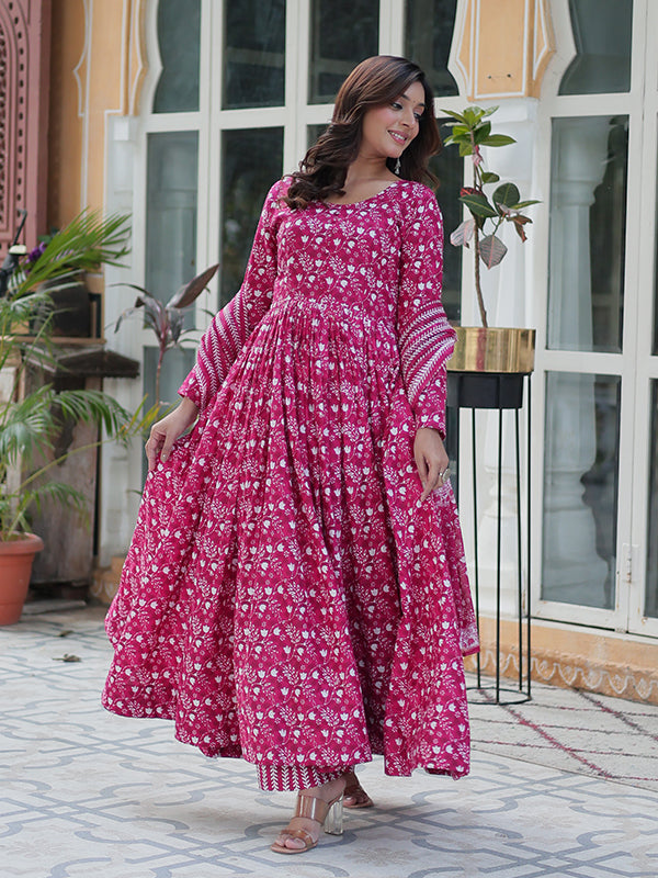 Pink Floral Printed Cotton Gown With Pant & Dupatta Set