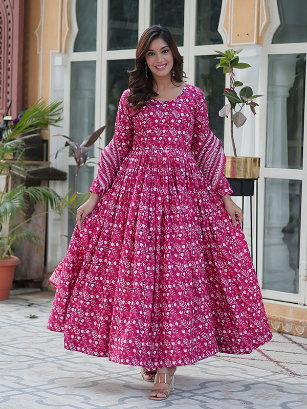 Pink Floral Printed Cotton Gown With Pant & Dupatta Set