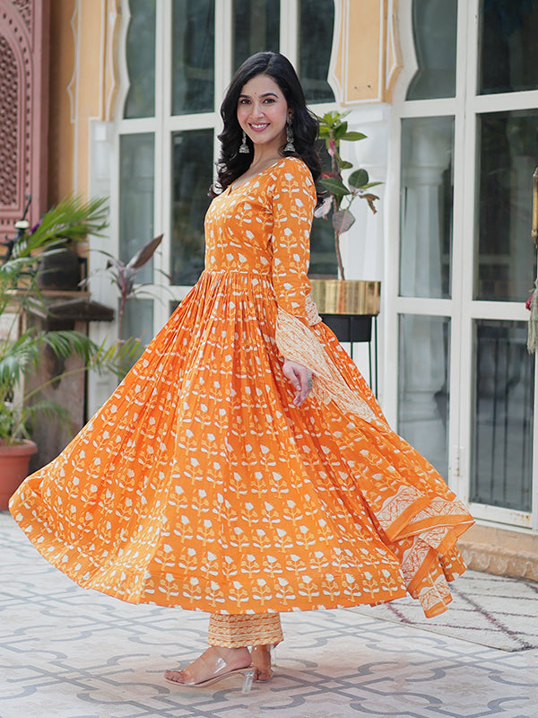 Orange Floral Printed Cotton Gown With Pant & Dupatta Set