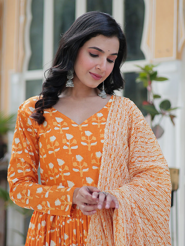 Orange Floral Printed Cotton Gown With Pant & Dupatta Set