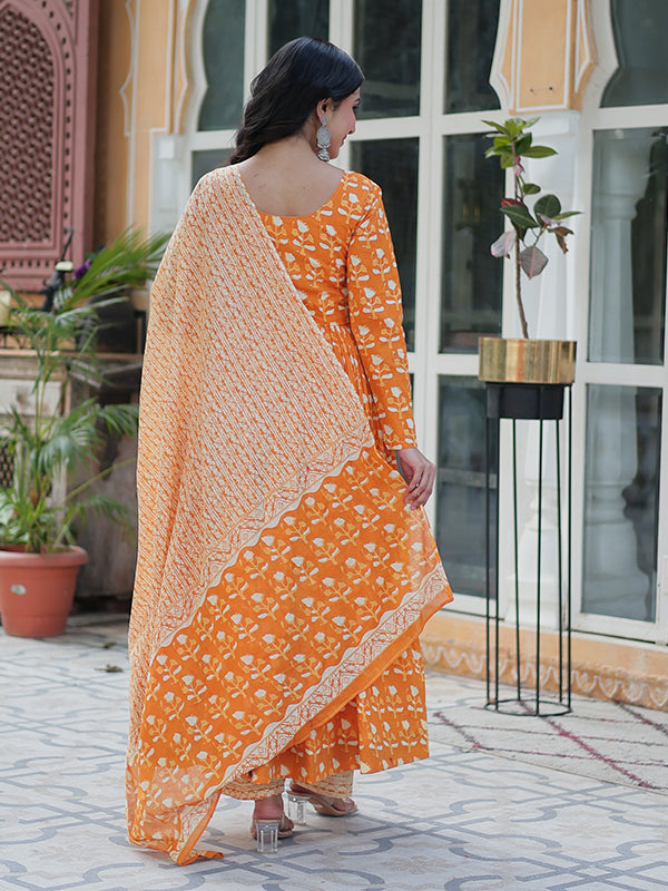 Orange Floral Printed Cotton Gown With Pant & Dupatta Set