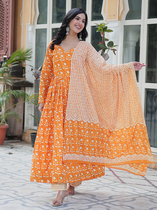 Orange Floral Printed Cotton Gown With Pant & Dupatta Set