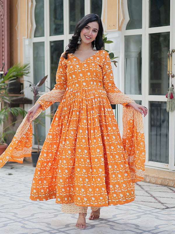 Orange Floral Printed Cotton Gown With Pant & Dupatta Set