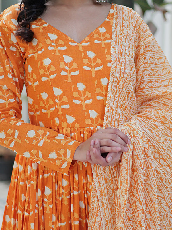 Orange Floral Printed Cotton Gown With Pant & Dupatta Set