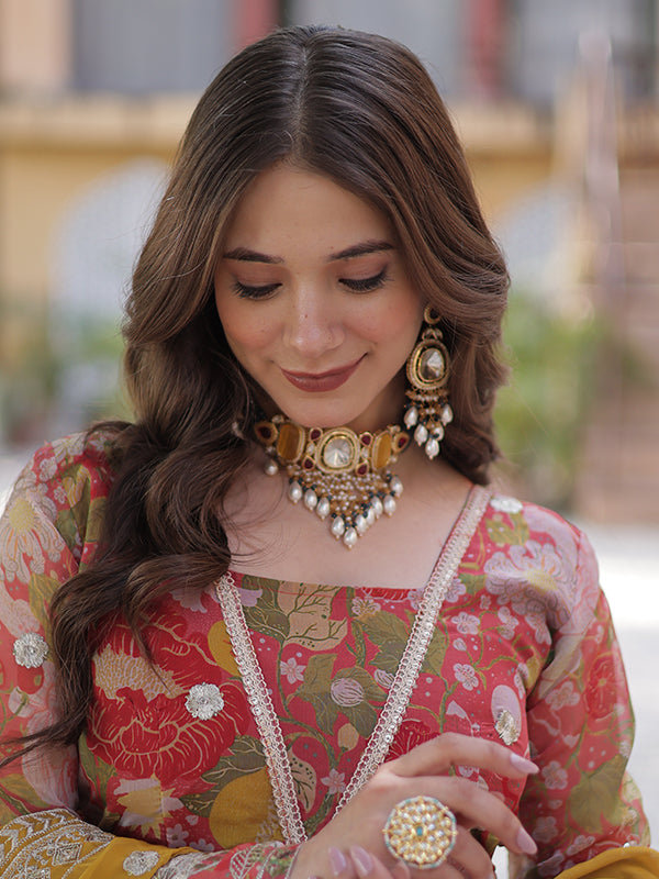 Red Printed Russian Silk With Embroidery Gown With Dupatta