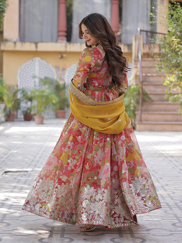 Red Printed Russian Silk With Embroidery Gown With Dupatta