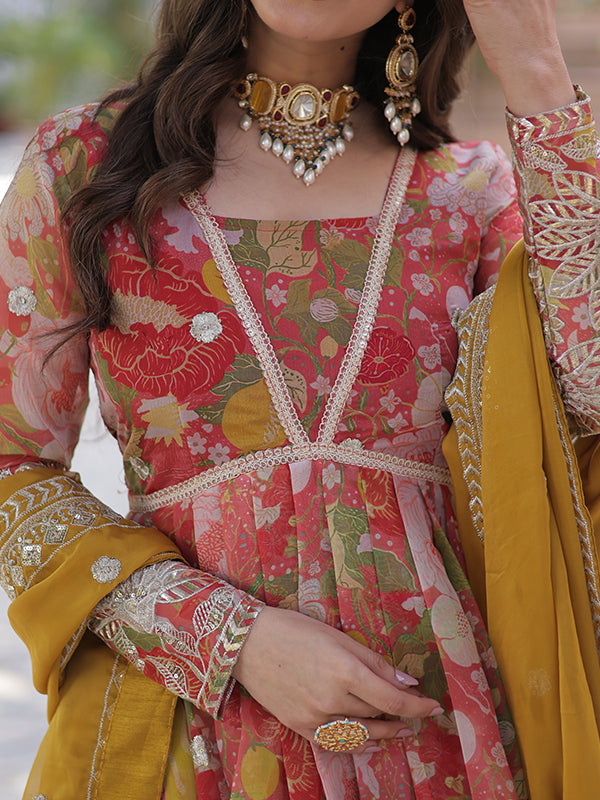 Red Printed Russian Silk With Embroidery Gown With Dupatta