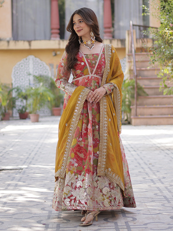 Red Printed Russian Silk With Embroidery Gown With Dupatta