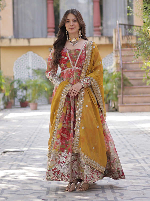 Red Printed Russian Silk With Embroidery Gown With Dupatta