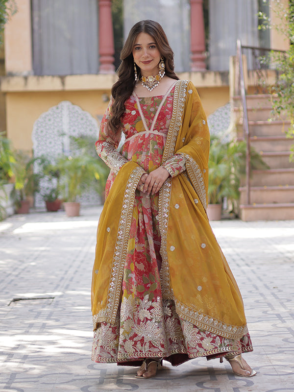 Red Printed Russian Silk With Embroidery Gown With Dupatta