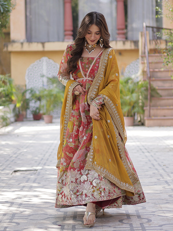 Red Printed Russian Silk With Embroidery Gown With Dupatta