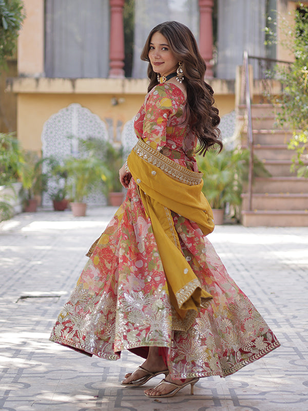 Red Printed Russian Silk With Embroidery Gown With Dupatta