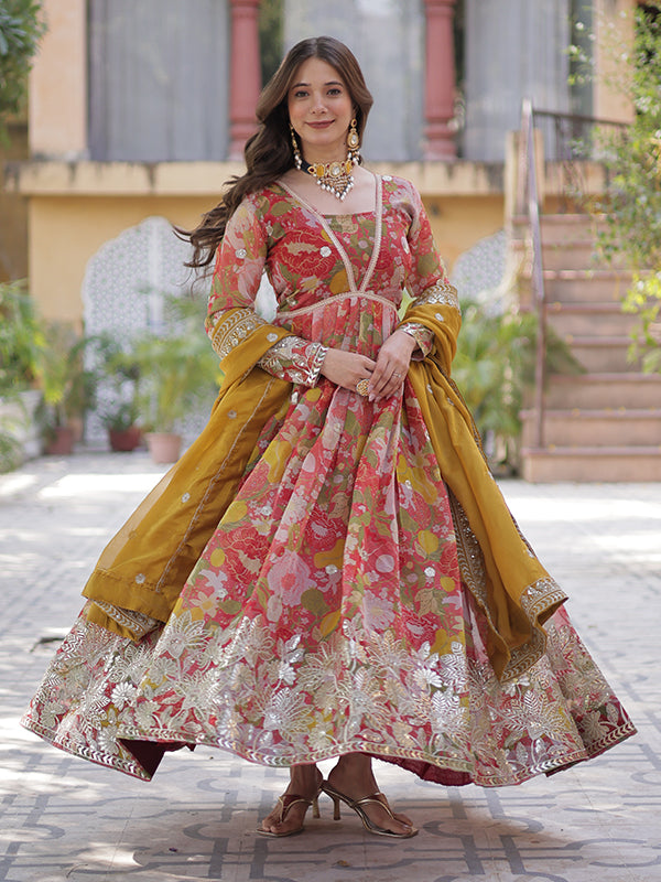 Red Printed Russian Silk With Embroidery Gown With Dupatta
