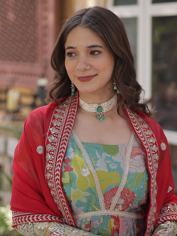 Sky Printed Russian Silk With Embroidery Gown With Dupatta