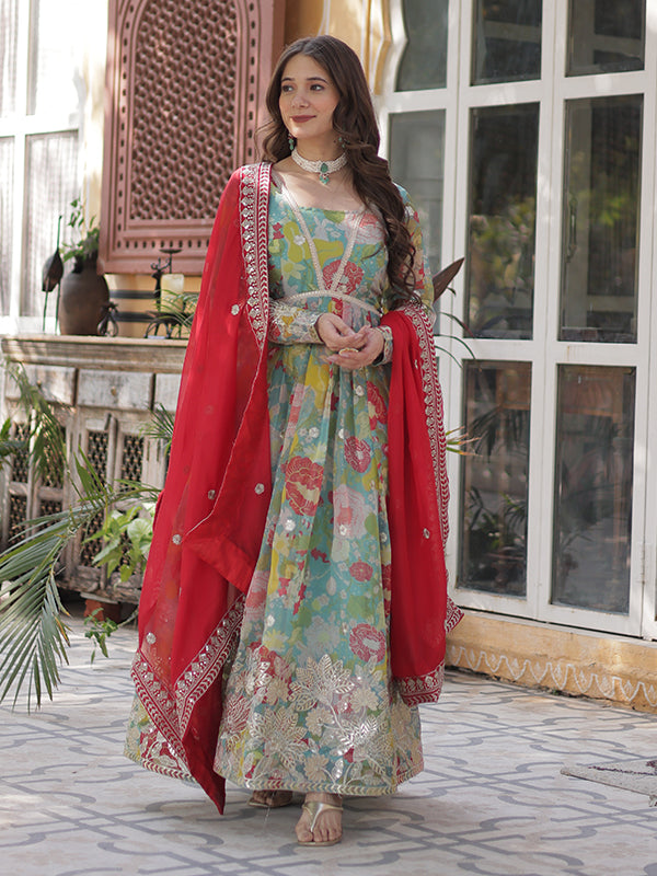 Sky Printed Russian Silk With Embroidery Gown With Dupatta