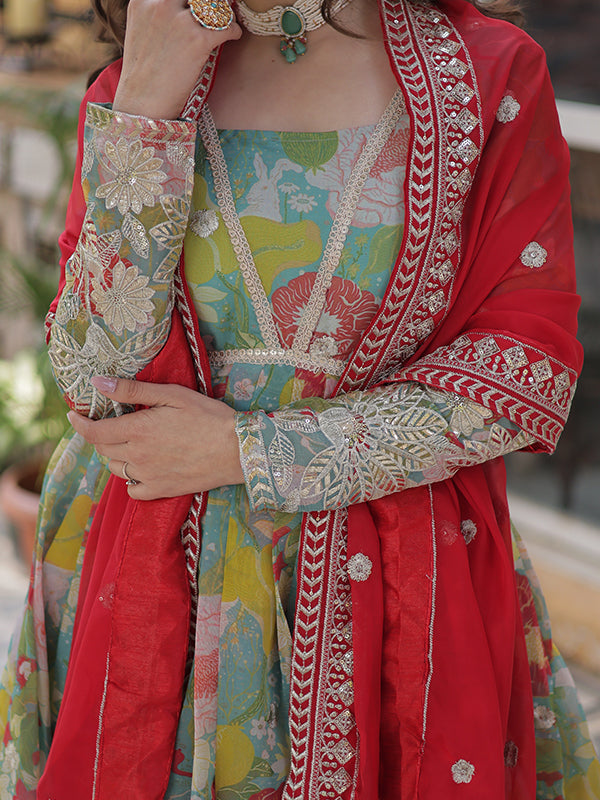 Sky Printed Russian Silk With Embroidery Gown With Dupatta