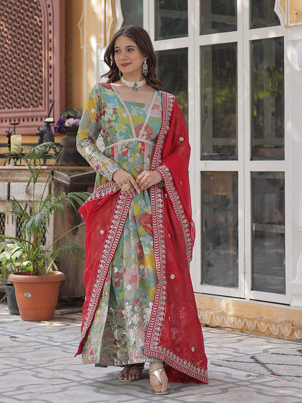 Sky Printed Russian Silk With Embroidery Gown With Dupatta