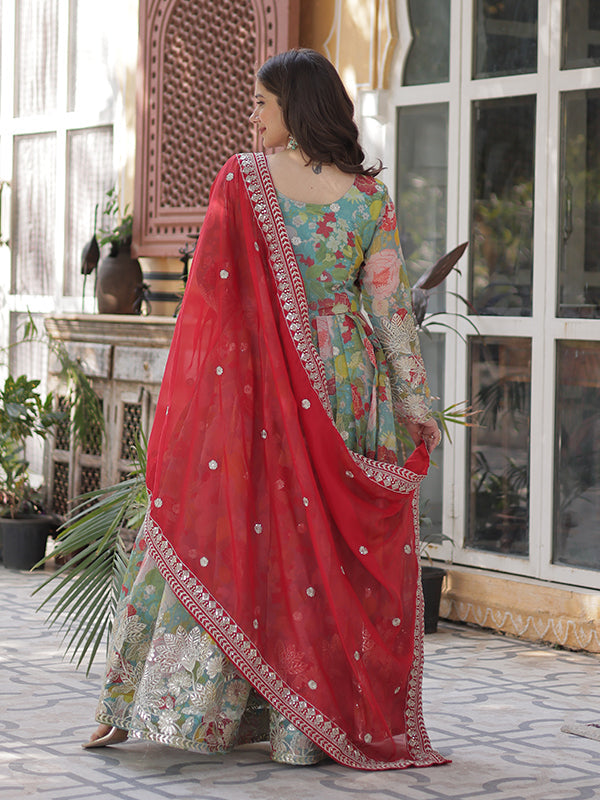 Sky Printed Russian Silk With Embroidery Gown With Dupatta